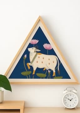 Printed Pichwai Cow Art – Triangular Wooden Frame Wall Décor